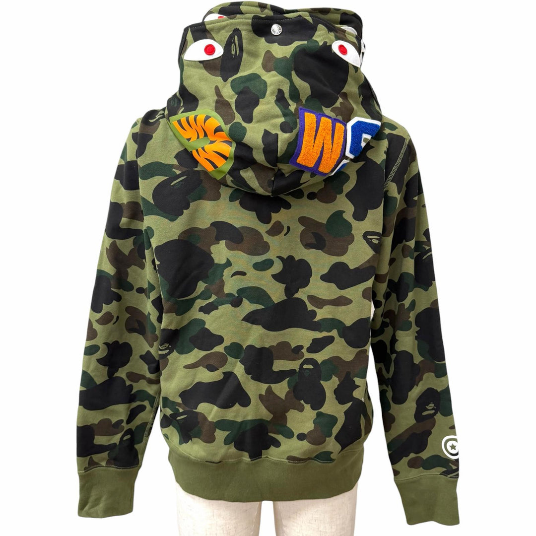 【ドンドン見直し】 美品□A BATHING APE 001ZPK701016M SHARK HOODIE カモフラ ダブルシャーク パーカー カーキ M 日本製 正規品 メンズ