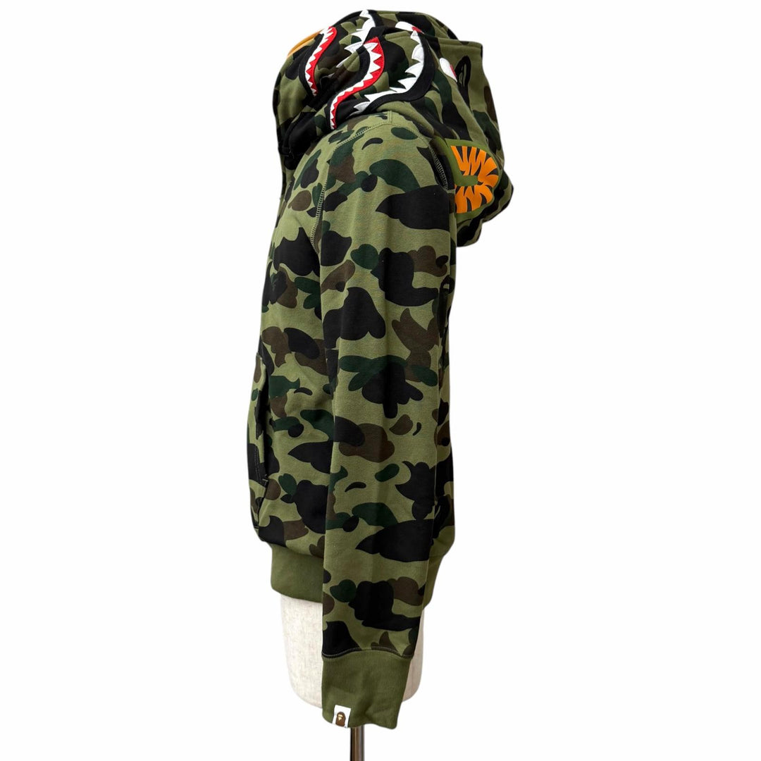 【ドンドン見直し】 美品□A BATHING APE 001ZPK701016M SHARK HOODIE カモフラ ダブルシャーク パーカー カーキ M 日本製 正規品 メンズ