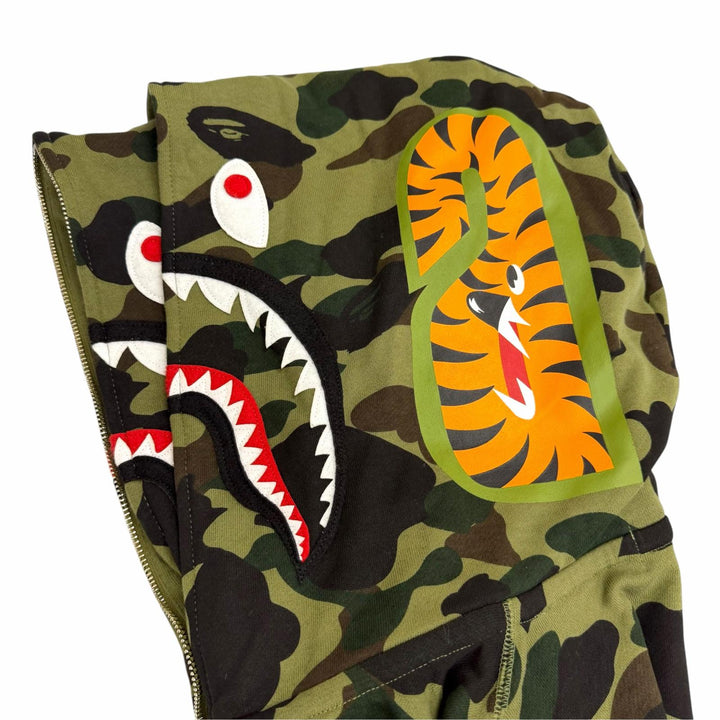 【ドンドン見直し】 美品□A BATHING APE 001ZPK701016M SHARK HOODIE カモフラ ダブルシャーク パーカー カーキ M 日本製 正規品 メンズ