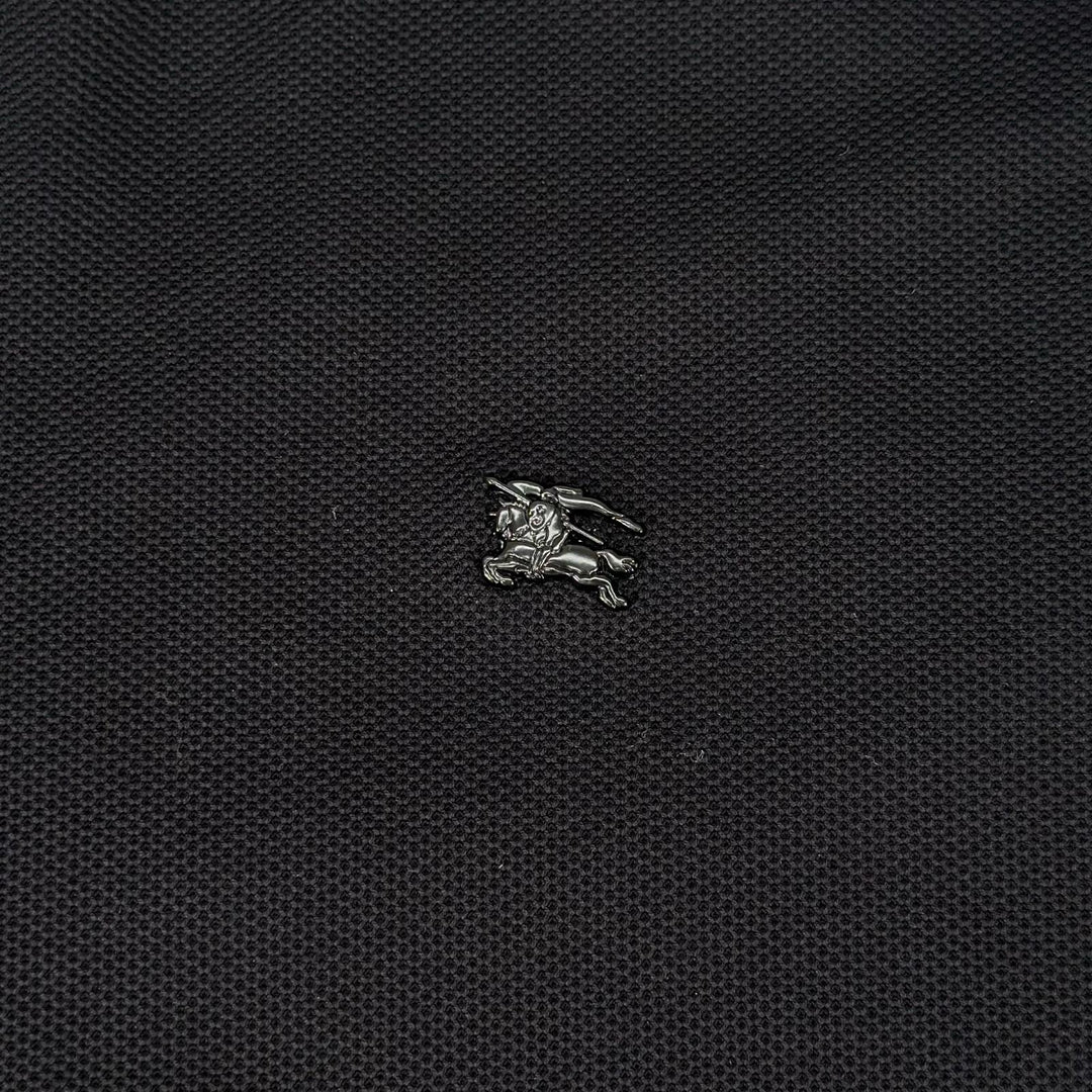 美品▲BURBERRY バーバリー 8116183 コットン100% 馬上の騎士 ロゴ金具 ロゴボタン 半袖ポロシャツ 黒 L ポルトガル製 正規品 メンズ
