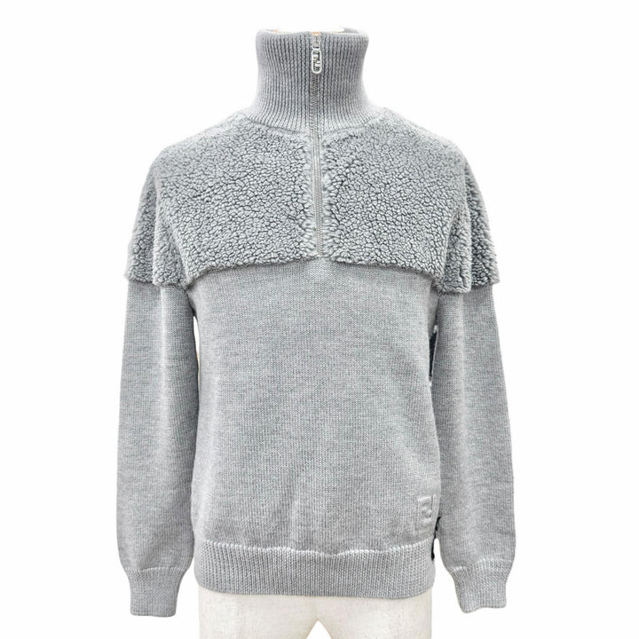 極美品△FENDI フェンディ 2023年 FZC460 ウール100％ FFロゴ ハーフジップ ボア切替 長袖 ニット セーター グレー 44 イタリア製 正規品