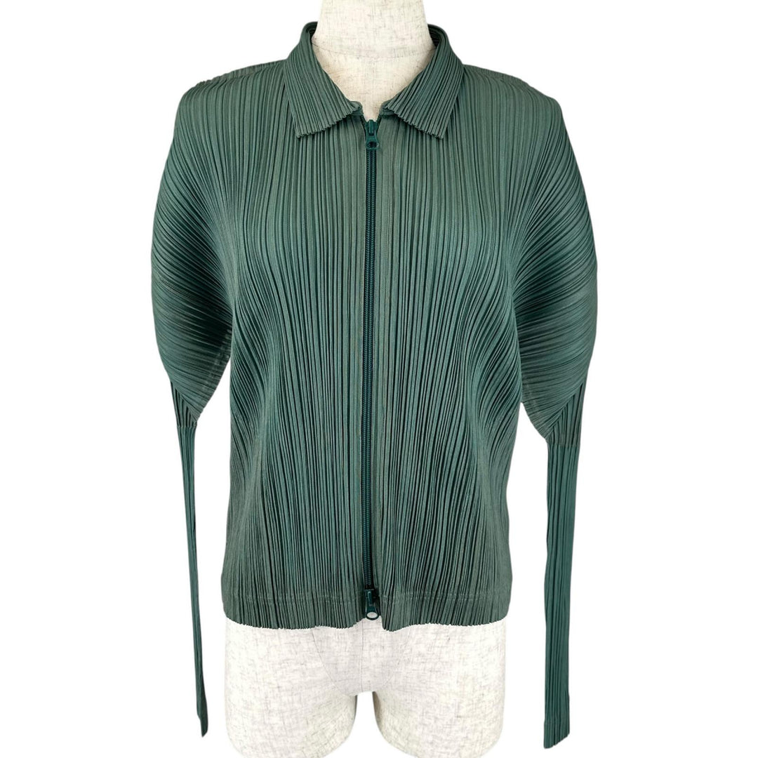 極美品▲PLEATS PLEASE プリーツプリーズ イッセイミヤケ PP14-JD572 ジップアップ ジャケット グリーン ブルー 3 正規品 レディース