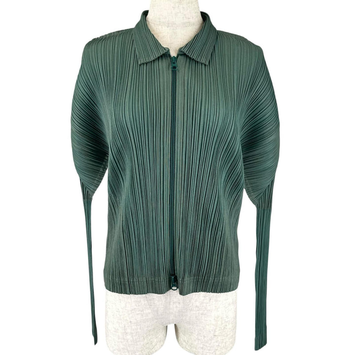 極美品▲PLEATS PLEASE プリーツプリーズ イッセイミヤケ PP14-JD572 ジップアップ ジャケット グリーン ブルー 3 正規品 レディース