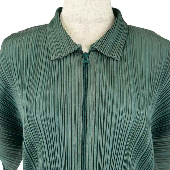 極美品▲PLEATS PLEASE プリーツプリーズ イッセイミヤケ PP14-JD572 ジップアップ ジャケット グリーン ブルー 3 正規品 レディース