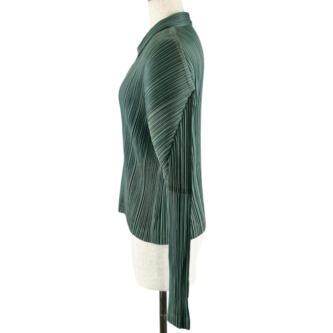 極美品▲PLEATS PLEASE プリーツプリーズ イッセイミヤケ PP14-JD572 ジップアップ ジャケット グリーン ブルー 3 正規品 レディース