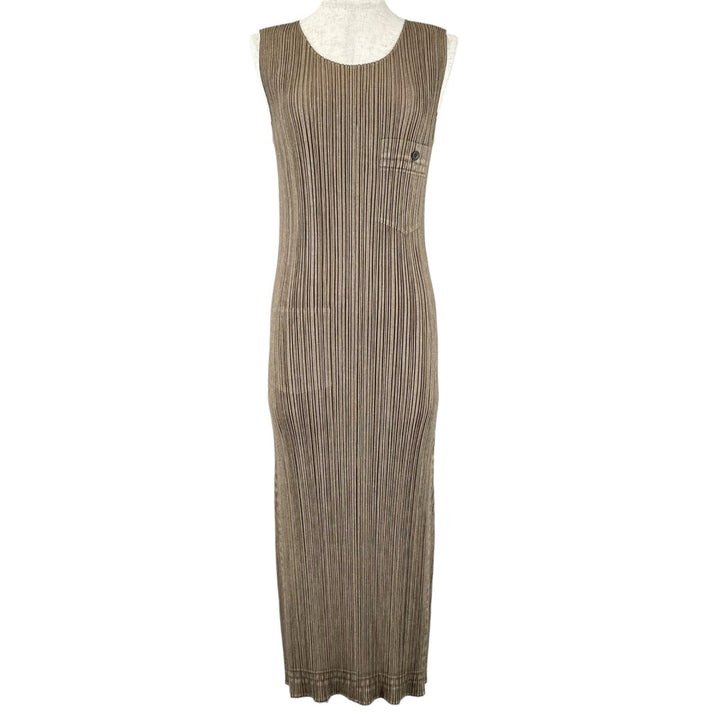 極美品▲PLEATS PLEASE プリーツプリーズ イッセイミヤケ PP14-JH266 ノースリーブ ワンピース ブラウン 4 日本製 正規品 レディース