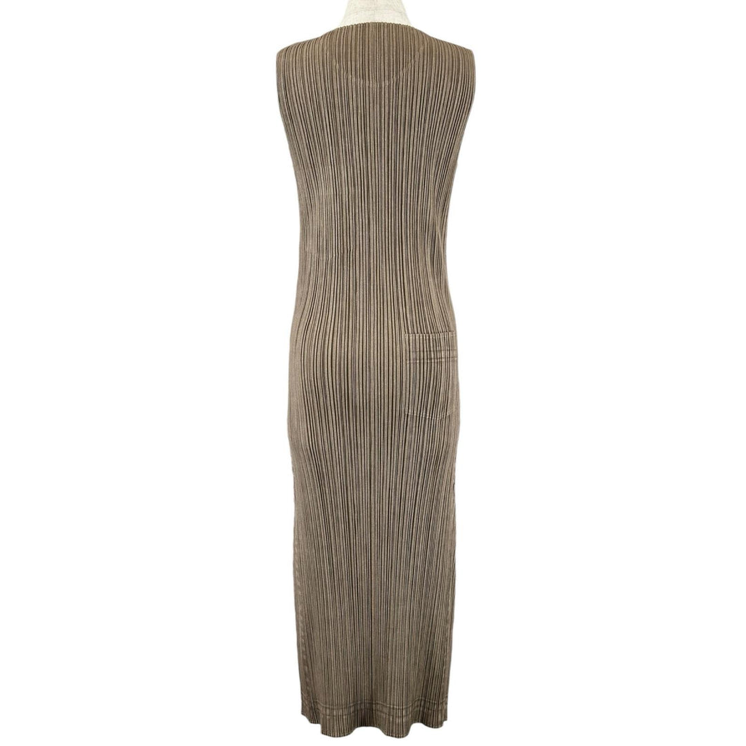 極美品▲PLEATS PLEASE プリーツプリーズ イッセイミヤケ PP14-JH266 ノースリーブ ワンピース ブラウン 4 日本製 正規品 レディース