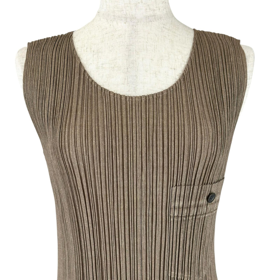 極美品▲PLEATS PLEASE プリーツプリーズ イッセイミヤケ PP14-JH266 ノースリーブ ワンピース ブラウン 4 日本製 正規品 レディース