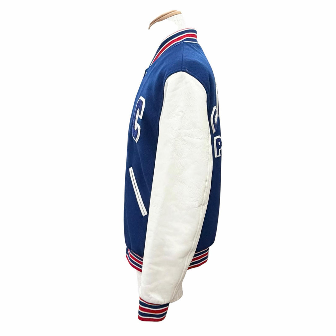 極美品△CELINE セリーヌ 2W804896C クラシックテディジャケット ウール トリオンフ レザー切替 スタジャン ブルー ホワイト 36 正規品