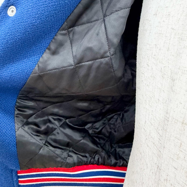 極美品△CELINE セリーヌ 2W804896C クラシックテディジャケット ウール トリオンフ レザー切替 スタジャン ブルー ホワイト 36 正規品