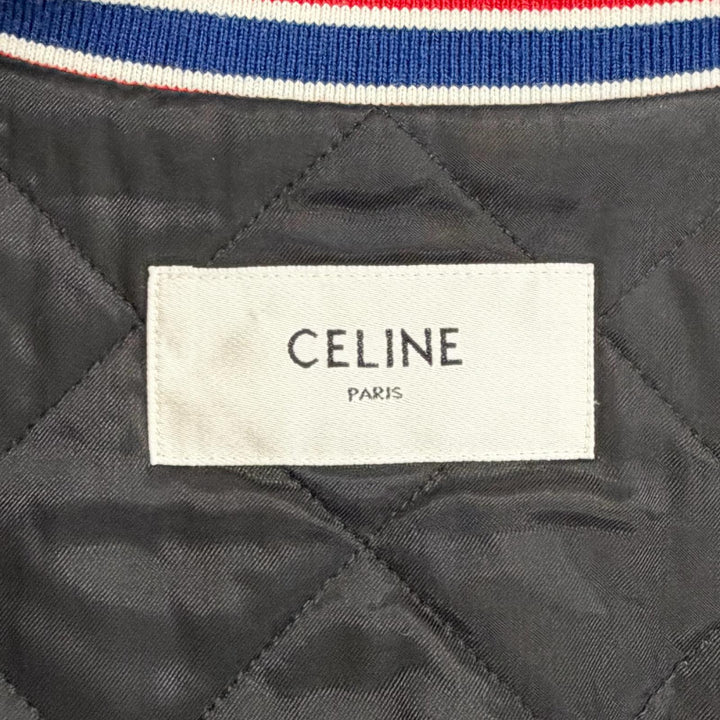 極美品△CELINE セリーヌ 2W804896C クラシックテディジャケット ウール トリオンフ レザー切替 スタジャン ブルー ホワイト 36 正規品