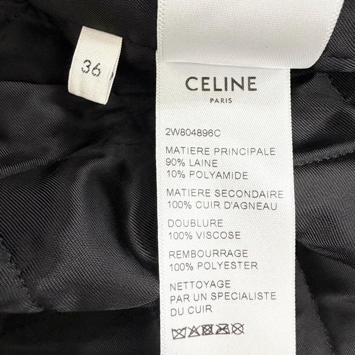 極美品△CELINE セリーヌ 2W804896C クラシックテディジャケット ウール トリオンフ レザー切替 スタジャン ブルー ホワイト 36 正規品