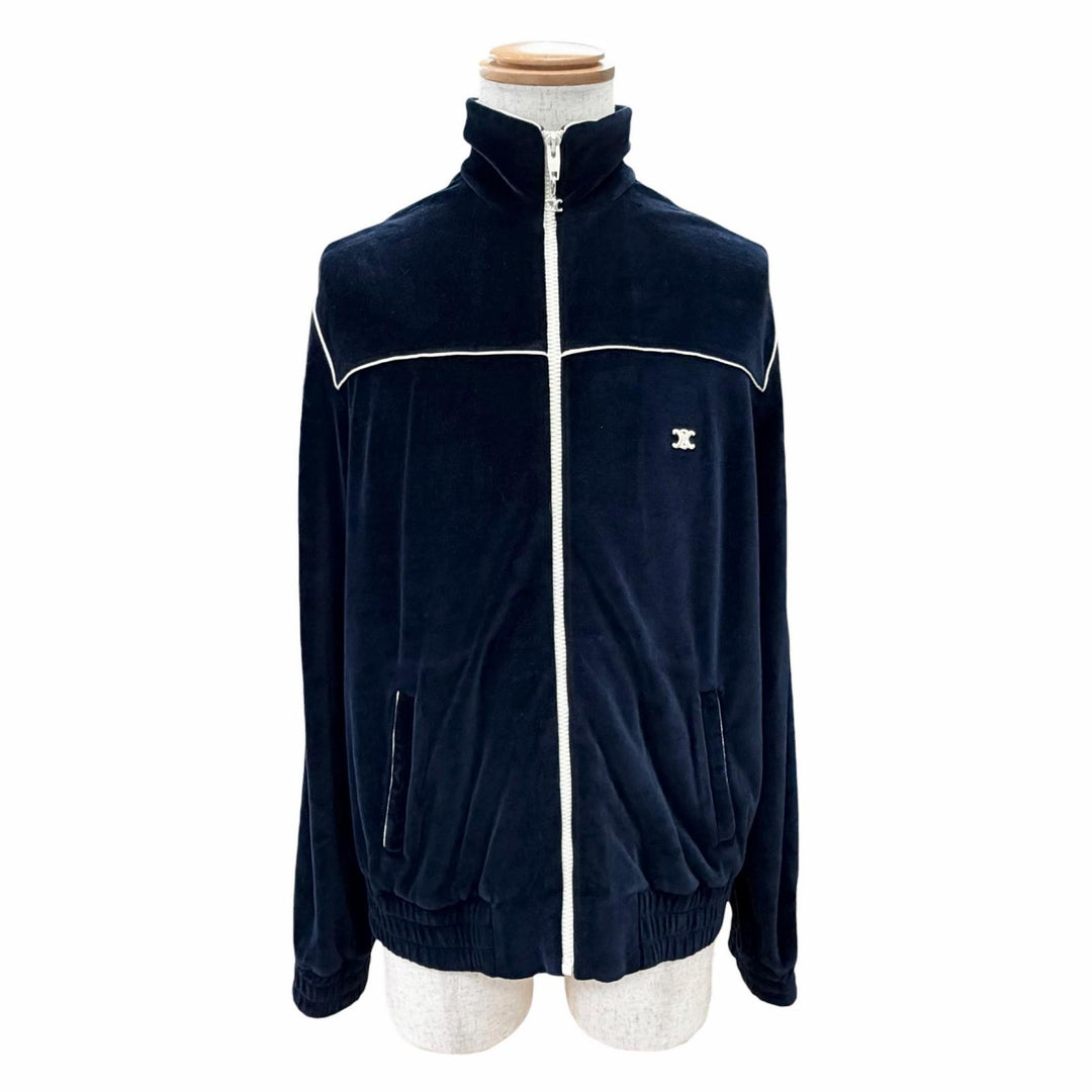 美品△CELINE セリーヌ 2Y168679I コットン トリオンフ ベルベット トラックジャケット ネイビー M イタリア製 正規品 メンズ
