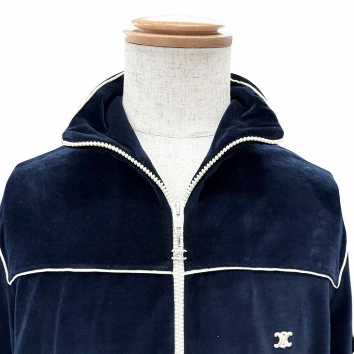 美品△CELINE セリーヌ 2Y168679I コットン トリオンフ ベルベット トラックジャケット ネイビー M イタリア製 正規品 メンズ