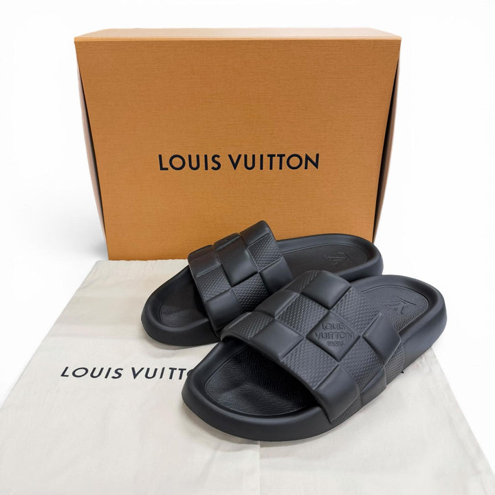 極美品△LOUIS VUITTON ルイヴィトン LV ウォーターフロント ライン ラバー ダミエ スライド サンダル ブラック 8 伊製 箱・保存袋付き