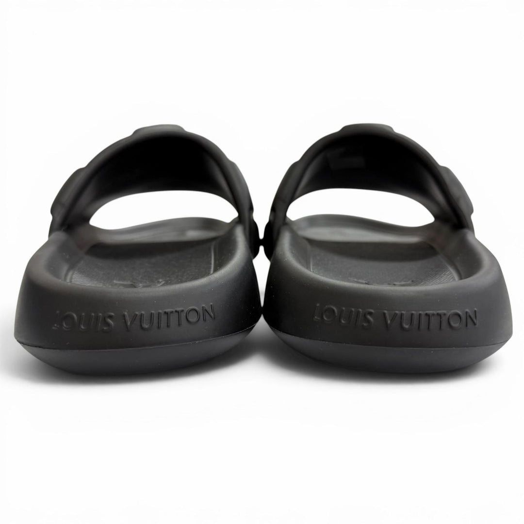 極美品△LOUIS VUITTON ルイヴィトン LV ウォーターフロント ライン ラバー ダミエ スライド サンダル ブラック 8 伊製 箱・保存袋付き