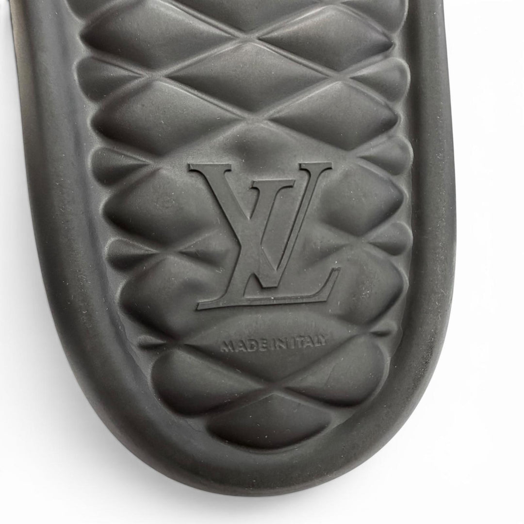 極美品△LOUIS VUITTON ルイヴィトン LV ウォーターフロント ライン ラバー ダミエ スライド サンダル ブラック 8 伊製 箱・保存袋付き