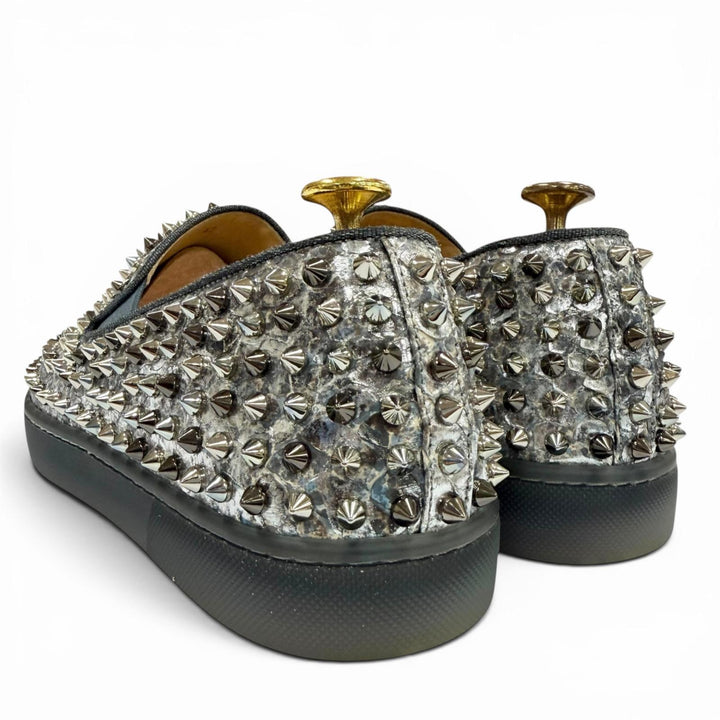 極美品▼Christian Louboutin クリスチャンルブタン ローラーボート スパイク スタッズ レザー スリッポン シルバー グレー 42 メンズ