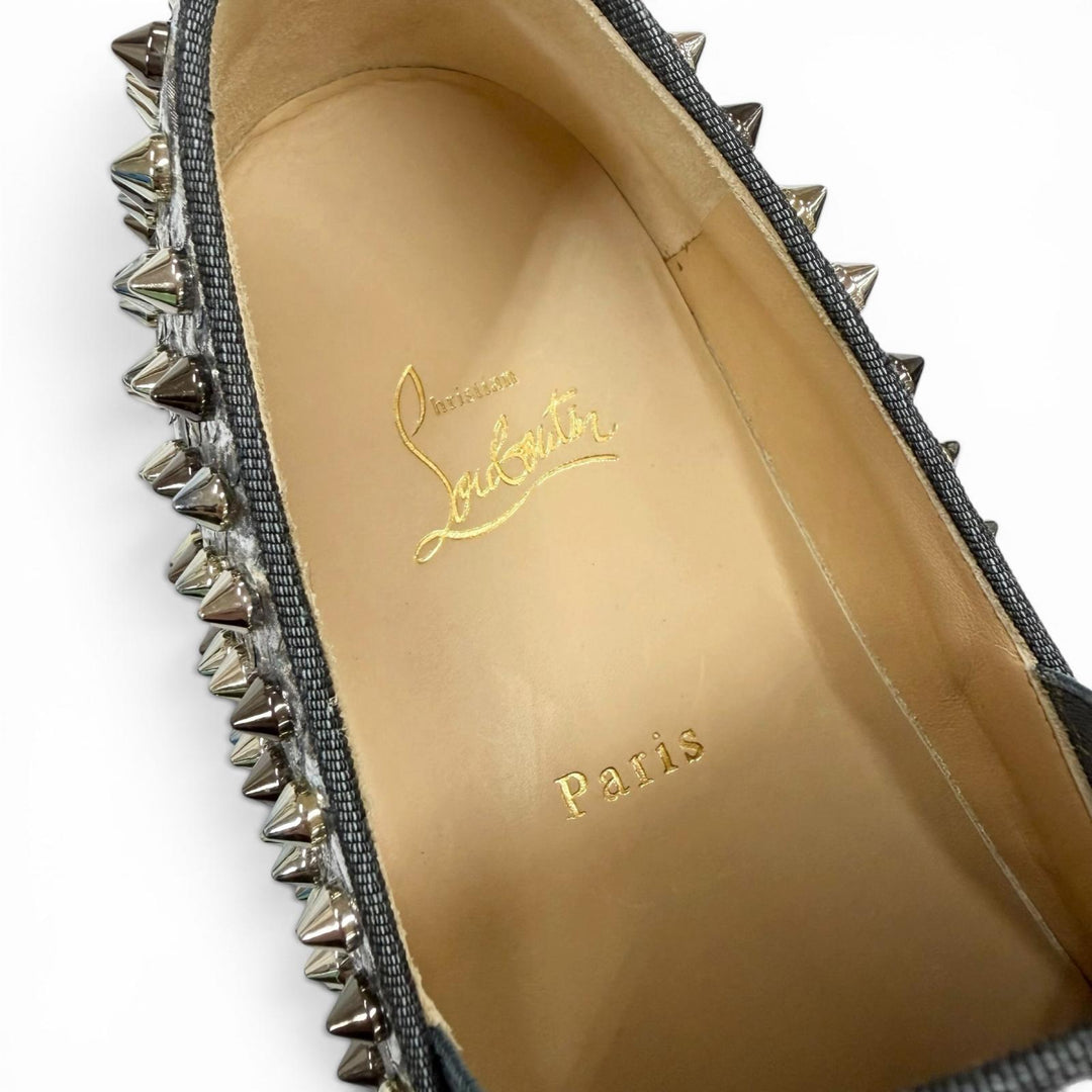 極美品▼Christian Louboutin クリスチャンルブタン ローラーボート スパイク スタッズ レザー スリッポン シルバー グレー 42 メンズ