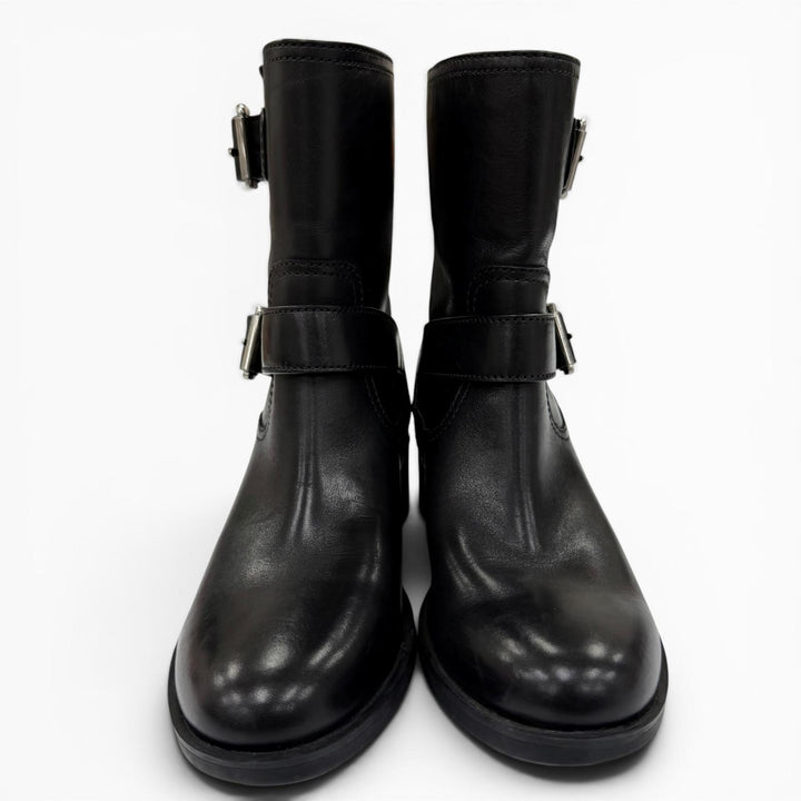 美品☆PRADA プラダ 3U5907 ベルトデザイン レザー バイカーブーツ エンジニアブーツ アンクルブーツ ショートブーツ ブラック 35.5