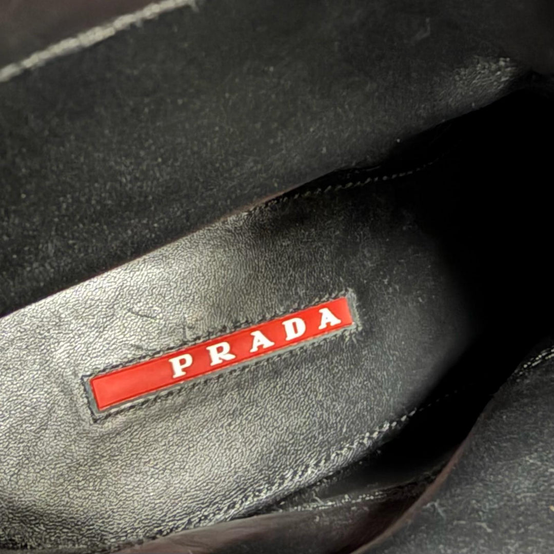 美品☆PRADA プラダ 3U5907 ベルトデザイン レザー バイカーブーツ エンジニアブーツ アンクルブーツ ショートブーツ ブラック 35.5