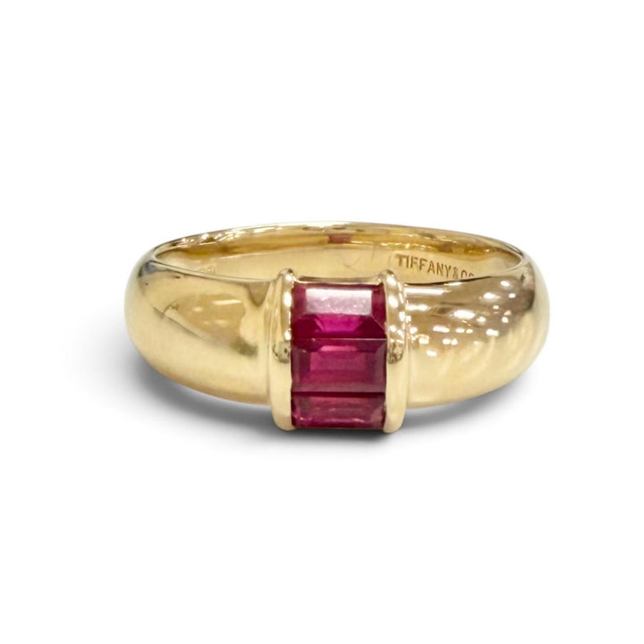 極美品△TIFFANY&amp;Co. ティファニー ヴィンテージ スタッキング 3Pルビー リング 指輪 750(YG) イエローゴールド JP7号 重量3.92g 箱付き