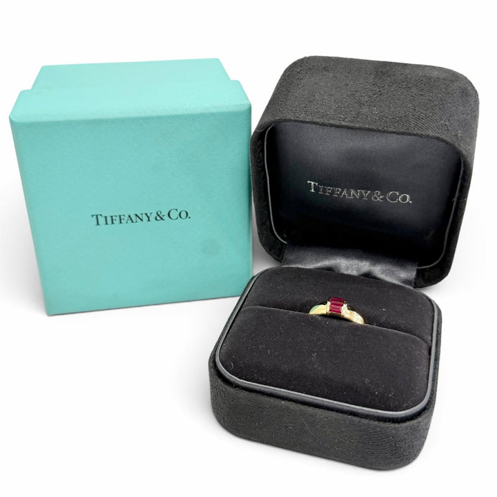 極美品△TIFFANY&amp;Co. ティファニー ヴィンテージ スタッキング 3Pルビー リング 指輪 750(YG) イエローゴールド JP7号 重量3.92g 箱付き