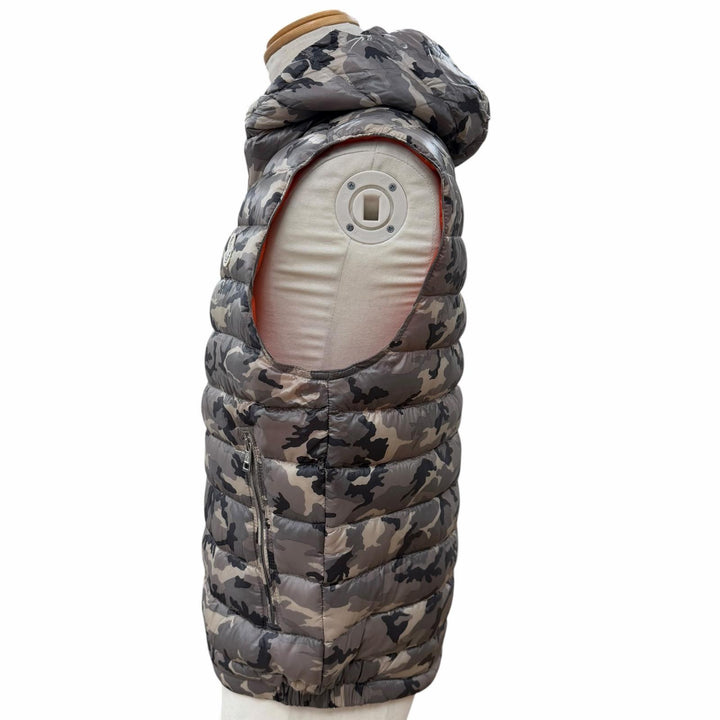 美品▼MONCLER モンクレール PATRICK 迷彩柄 カモフラ ロゴワッペン付き フーデッド ZIPUP ダウンベスト グレー 2 国内正規品 メンズ
