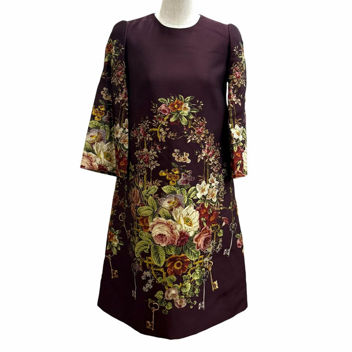 未使用品★DOLCE&amp;GABBANA ドルチェ＆ガッバーナ F6NJ0T シルク ウール混 フローラルプリント 七分袖 ワンピース ボルドー 36 正規品