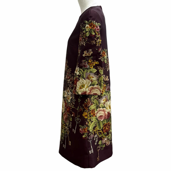 未使用品★DOLCE&amp;GABBANA ドルチェ＆ガッバーナ F6NJ0T シルク ウール混 フローラルプリント 七分袖 ワンピース ボルドー 36 正規品