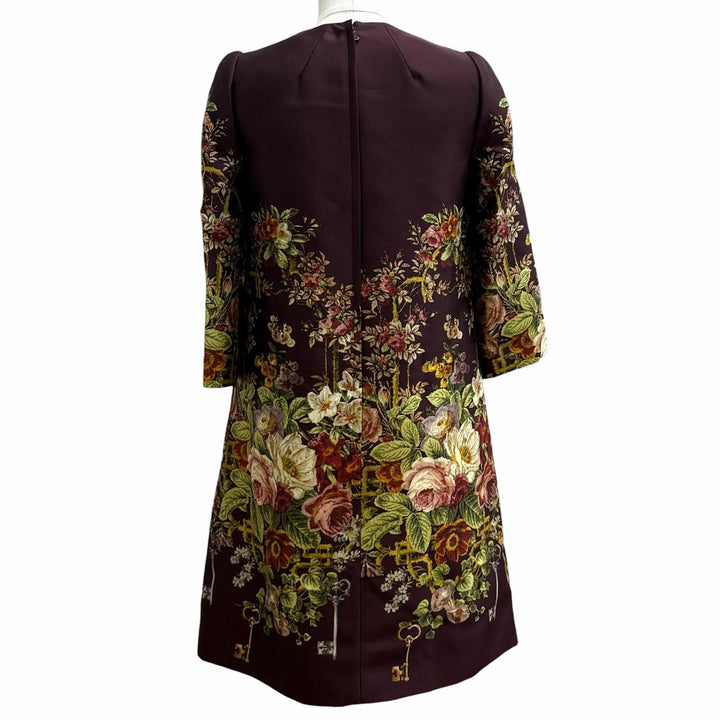 未使用品★DOLCE&amp;GABBANA ドルチェ＆ガッバーナ F6NJ0T シルク ウール混 フローラルプリント 七分袖 ワンピース ボルドー 36 正規品