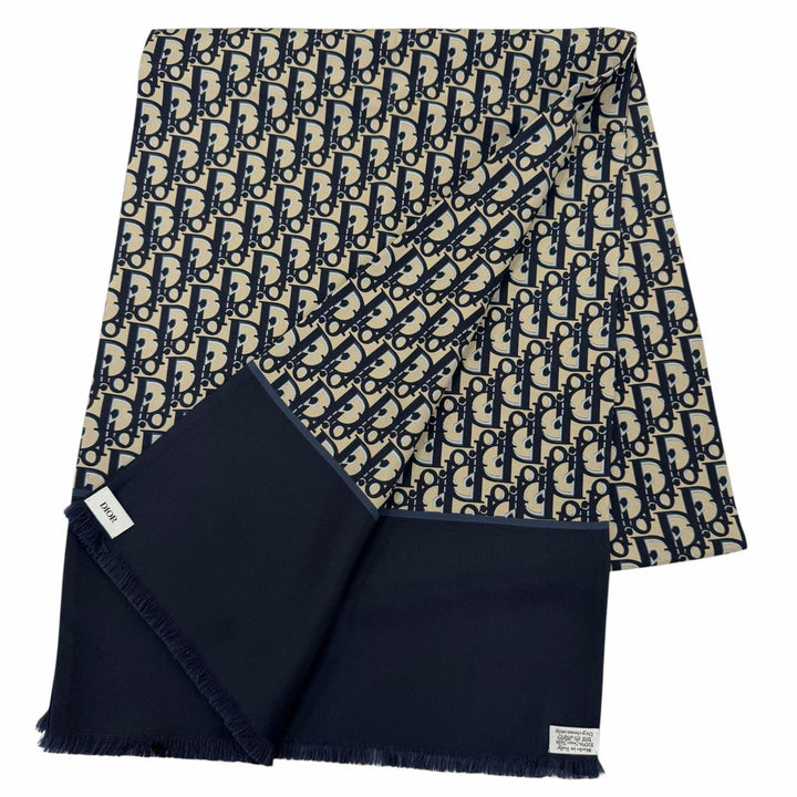極美品☆Christian Dior クリスチャンディオール シルク100％ オブリーク トロッター柄 フリンジ ストール ネイビー ベージュ イタリア製