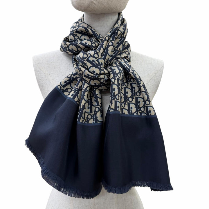 極美品☆Christian Dior クリスチャンディオール シルク100％ オブリーク トロッター柄 フリンジ ストール ネイビー ベージュ イタリア製