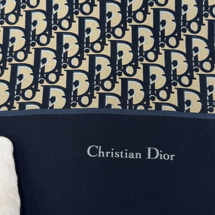 極美品☆Christian Dior クリスチャンディオール シルク100％ オブリーク トロッター柄 フリンジ ストール ネイビー ベージュ イタリア製