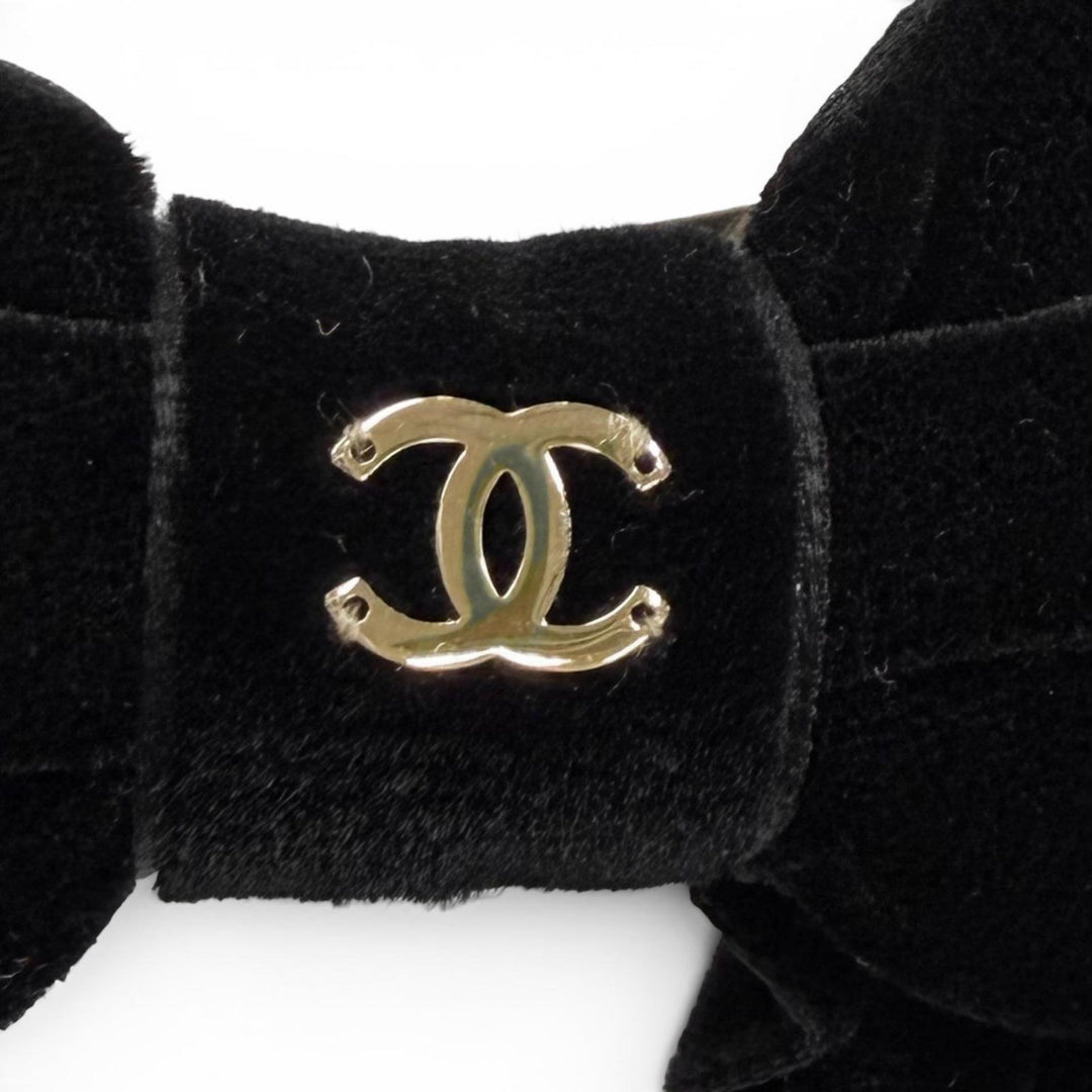 極美品★CHANEL シャネル 24V ココマーク リボン ベロア バレッタ ヘアアクセサリー ブラック ゴールド金具 イタリア製 箱付き