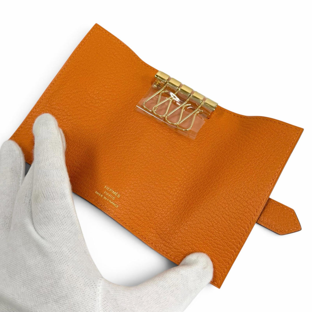 未使用品★HERMES エルメス ベアン オレンジ シェーブルミゾル ゴールド金具 H金具付き 4連 キーケース オレンジ W刻印 フランス製 箱付