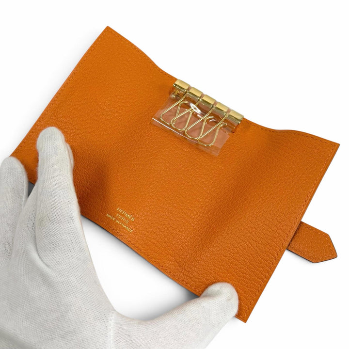 未使用品★HERMES エルメス ベアン オレンジ シェーブルミゾル ゴールド金具 H金具付き 4連 キーケース オレンジ W刻印 フランス製 箱付