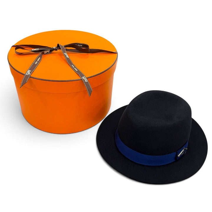 美品▼HERMES エルメス ウール 裏地シルク100% ホース金具付き フェルト 中折れ帽子 ハット ネイビー 59 イタリア製 正規品 メンズ 箱付