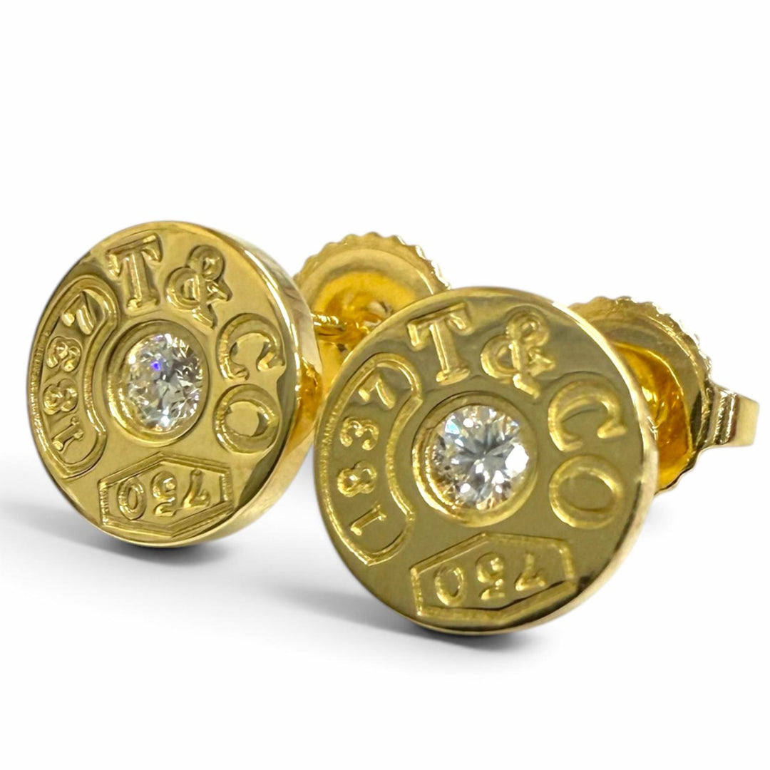 極美品□TIFFANY&amp;Co. ティファニー AU750 1Pダイヤモンド 1837 サークル ピアス イエローゴールド イタリア製 重量2.64g レディース