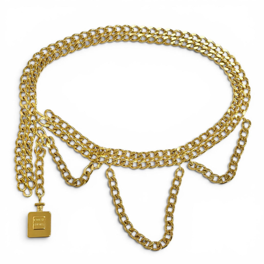 良品△CHANEL シャネル ロゴパフュームボトルチャーム ダブルチェーンベルト 全長81cm ゴールド レディース 箱付き ゴージャス◎