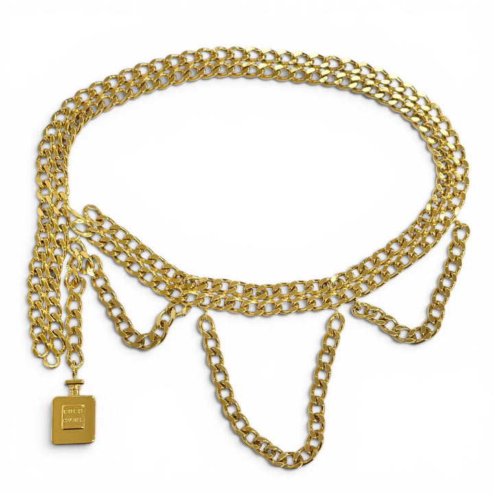 良品△CHANEL シャネル ロゴパフュームボトルチャーム ダブルチェーンベルト 全長81cm ゴールド レディース 箱付き ゴージャス◎