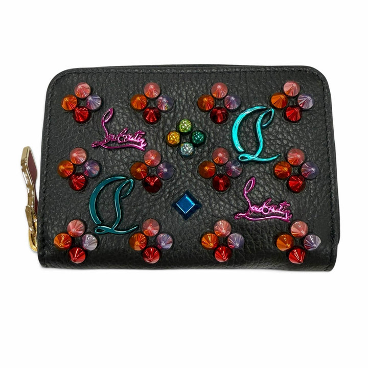 極美品▼Christian Louboutin クリスチャンルブタン パネトーネ スタッズ レザー コンパクトウォレット ラウンドファスナー コインケース