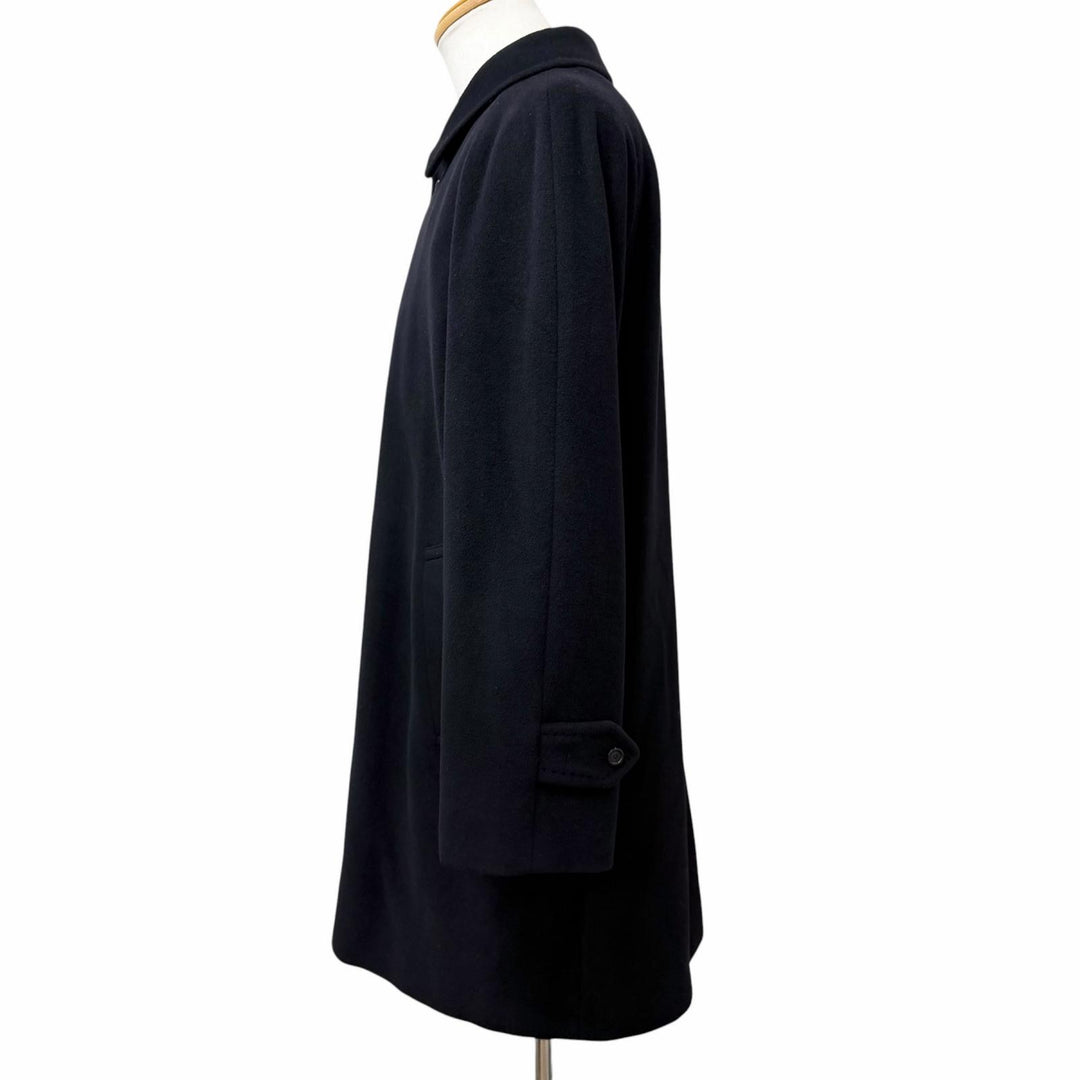 美品□BURBERRY LONDON バーバリーロンドン カシミヤ アンゴラ 裏チェック柄 フライフロント ステンカラーコート 紺 L 日本製 正規品
