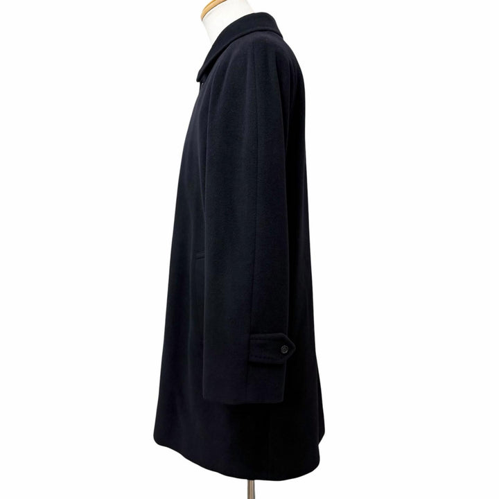美品□BURBERRY LONDON バーバリーロンドン カシミヤ アンゴラ 裏チェック柄 フライフロント ステンカラーコート 紺 L 日本製 正規品