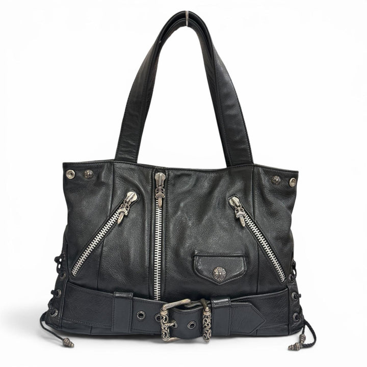 美品▼CHROME HEARTS クロムハーツ JJディーン ラージ ライダース レザー 925 ダガージップ トートバッグ ブラック シルバー 保存袋付き
