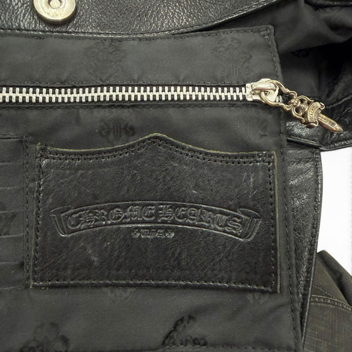 美品▼CHROME HEARTS クロムハーツ JJディーン ラージ ライダース レザー 925 ダガージップ トートバッグ ブラック シルバー 保存袋付き