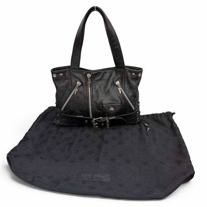 美品▼CHROME HEARTS クロムハーツ JJディーン ラージ ライダース レザー 925 ダガージップ トートバッグ ブラック シルバー 保存袋付き
