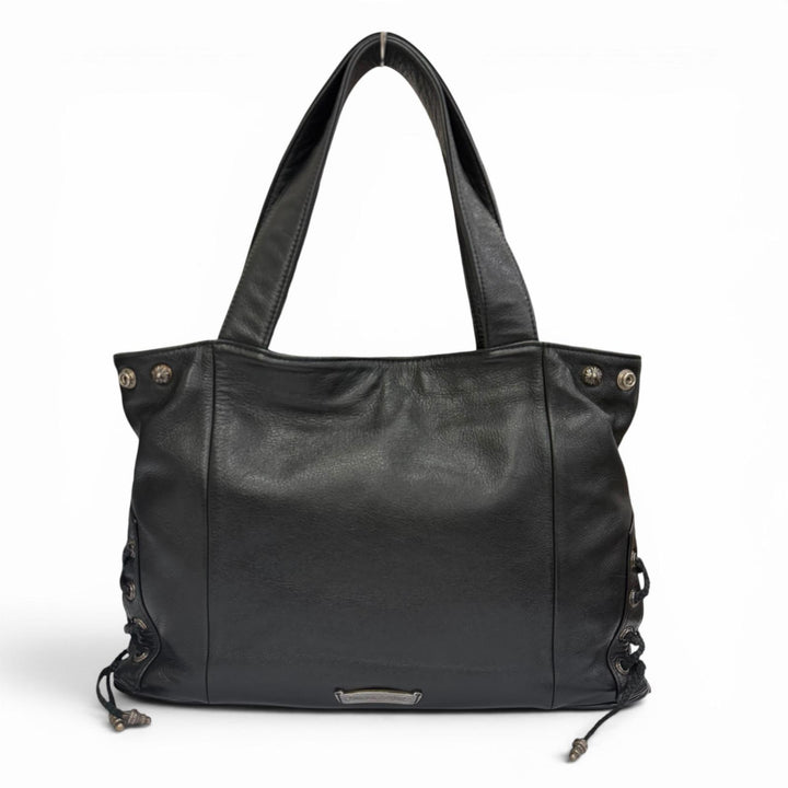 美品▼CHROME HEARTS クロムハーツ JJディーン ラージ ライダース レザー 925 ダガージップ トートバッグ ブラック シルバー 保存袋付き