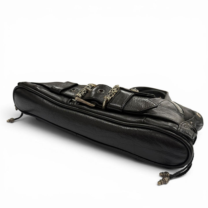 美品▼CHROME HEARTS クロムハーツ JJディーン ラージ ライダース レザー 925 ダガージップ トートバッグ ブラック シルバー 保存袋付き