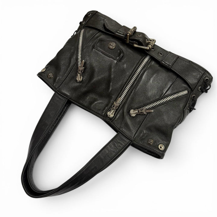 美品▼CHROME HEARTS クロムハーツ JJディーン ラージ ライダース レザー 925 ダガージップ トートバッグ ブラック シルバー 保存袋付き